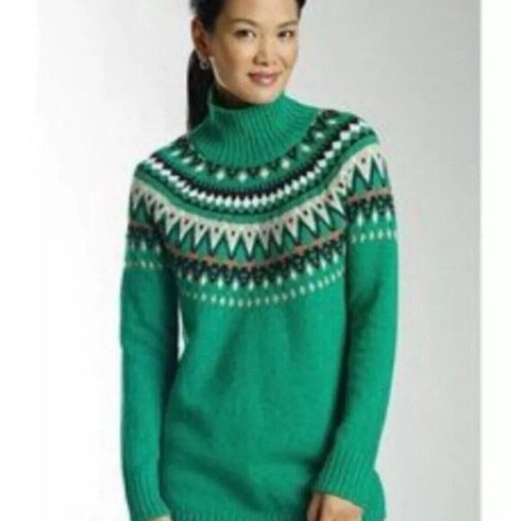 J. Jill Sweaters - J. Jill Alpine Fair Isle Mock Neck Green Wool Blend Sweater XS Cabincore Jumper
